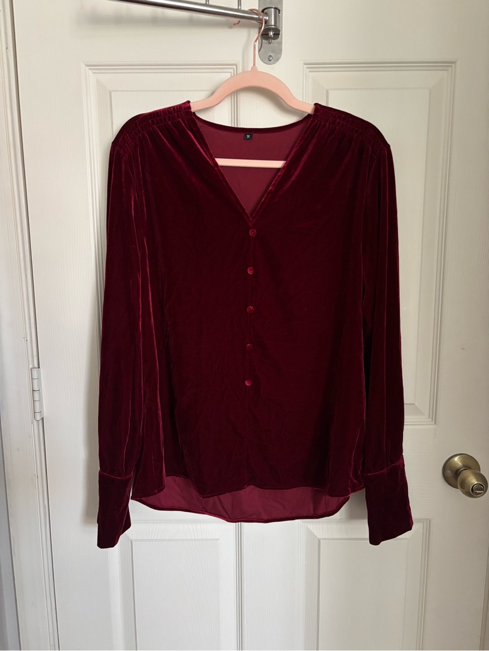 Velvet V-Neck Button Front Blouse in Burgundy